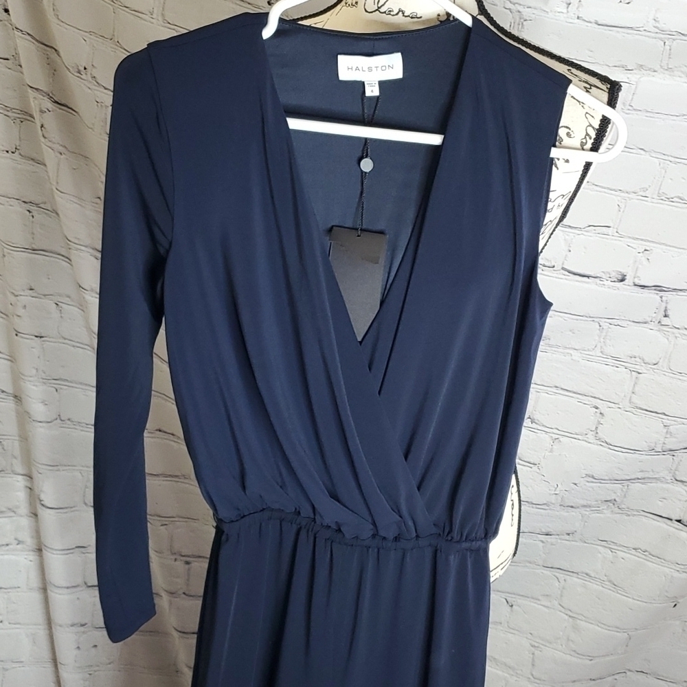 Halston Felix Matte Jersey Asymmetric Jumpsuit in Navy - Picture 4 of 9